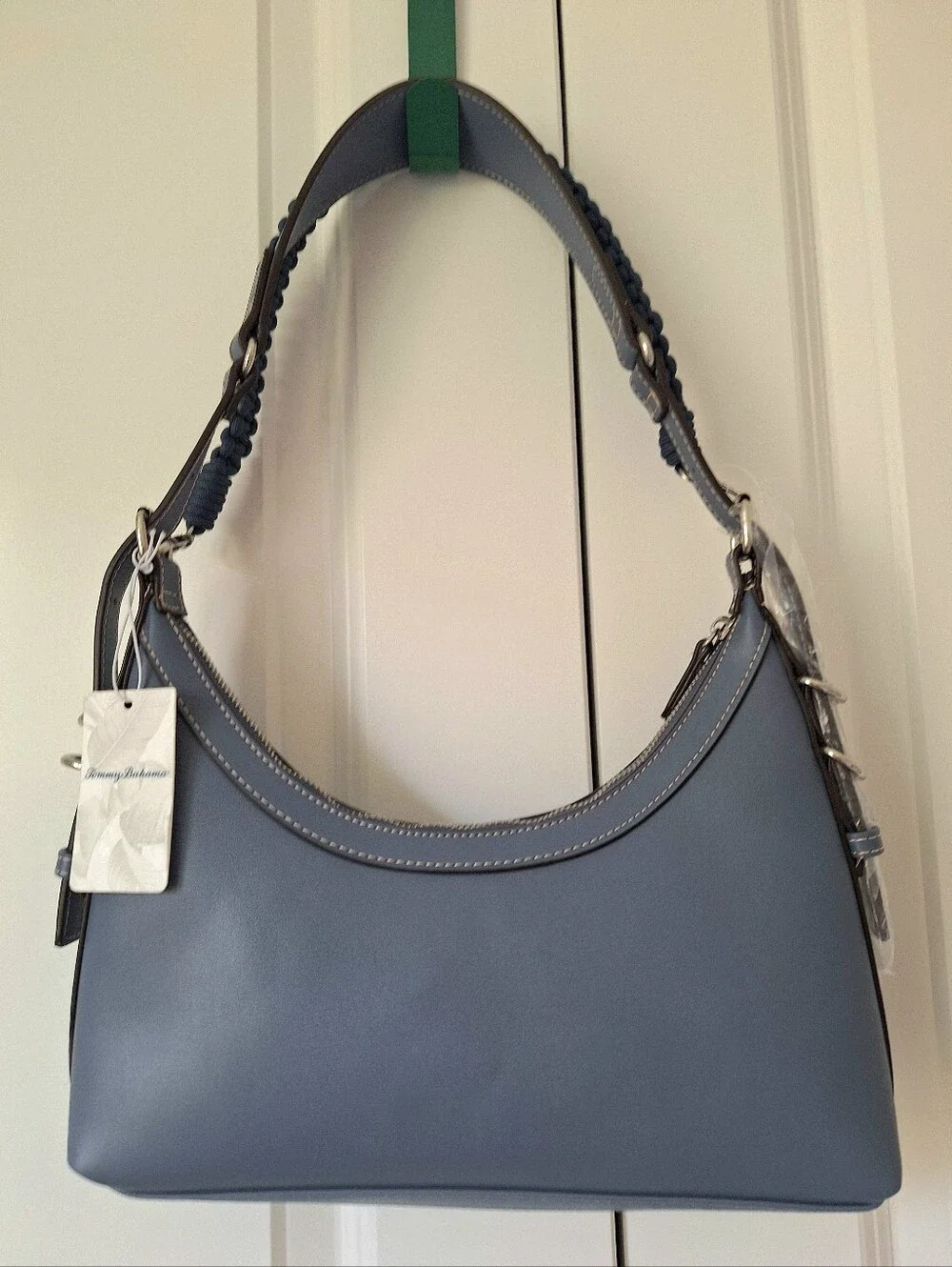 Tommy Bahama Debossed Logo Zip-Top Dusty Blue Hobo Shoulder Bag Two Straps